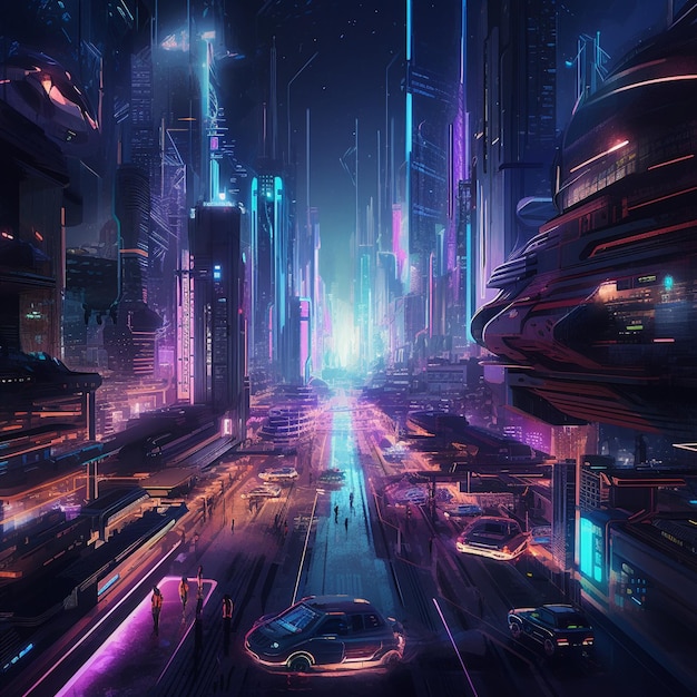 Paisaje urbano futurista vibrante en la noche