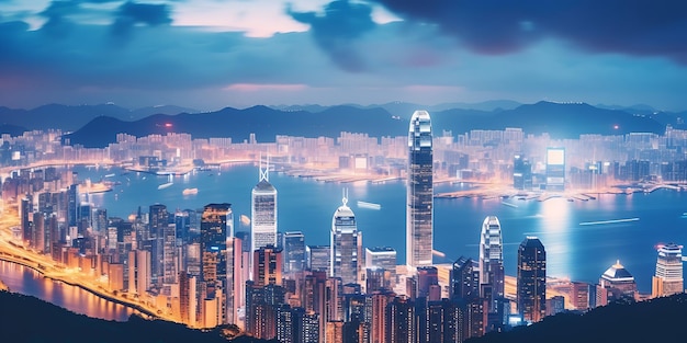 El paisaje urbano de Hong Kong con fondo desenfocado en el crepúsculo de la noche desde el punto de vista de la IA generativa