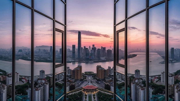 Paisaje urbano y horizonte de Chongqing desde una ventana de vidrio