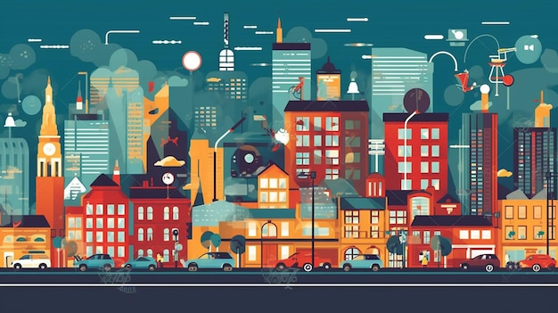 Paisaje urbano con iconos ciudad inteligente diseño plano IA generativa