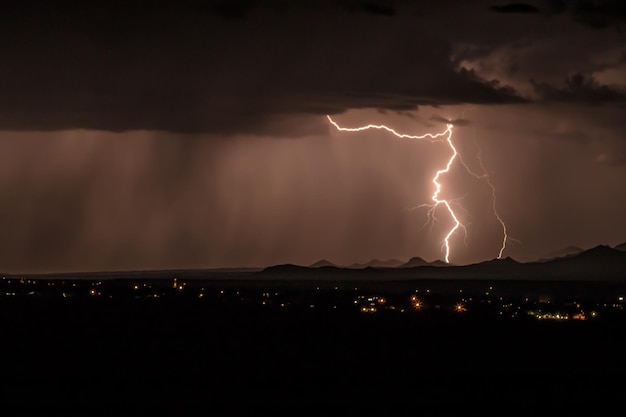 Paisaje urbano iluminado contra el cielo durante la tormenta