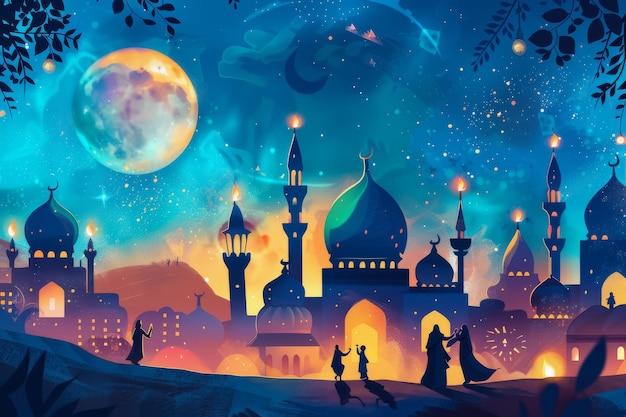 Foto paisaje urbano iluminado por la luna concepto de eid al fitr