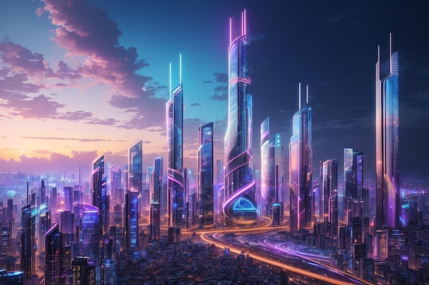 Un paisaje urbano impulsado por Blockchain Una metrópolis futurista iluminada por la innovación