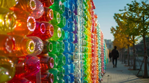 En un paisaje urbano, una instalación artística de colores brillantes llama la atención de los transeúntes de la estructura