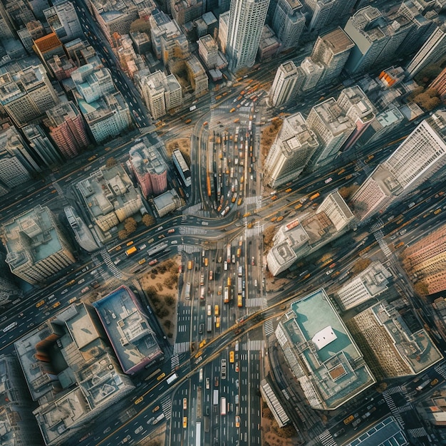 Foto un paisaje urbano con una intersección concurrida y una carretera con un coche amarillo.