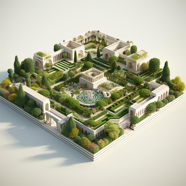 Paisaje urbano isométrico 3D con edificios y árboles verdes.