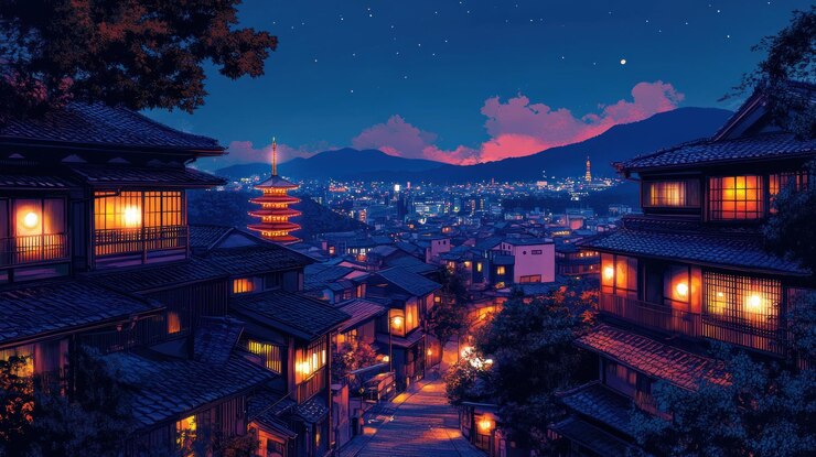 Paisaje urbano japonés por la noche casas iluminadas templo en el fondo crepúsculo vista panorámica