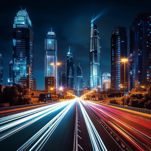 Un paisaje urbano con luces en la carretera y un paisaje urbano al fondo.