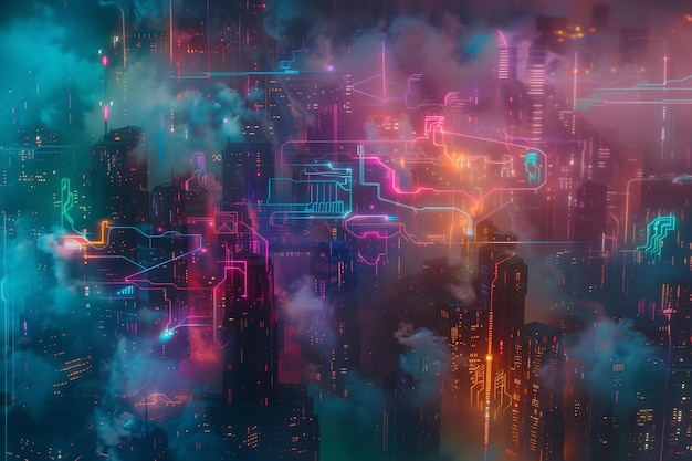 Un paisaje urbano con luces de neón y un cielo púrpura La escena es futurista y vibrante