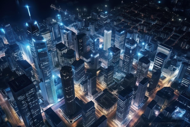 Un paisaje urbano con una luz azul que dice 'ciudad de los sueños'