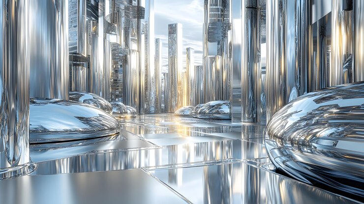 Un paisaje urbano metálico con edificios cubiertos de cromo que reflejan el entorno y la luz creando un estilo de vibra futurista de iDea24club