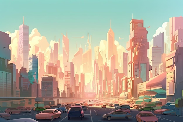 Paisaje urbano de una metrópolis bulliciosa con imponentes rascacielos y aerodeslizadores creados con inteligencia artificial generativa