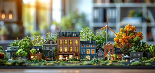 Paisaje urbano en miniatura con turbina eléctrica en el escritorio de trabajo Configuración de la habitación de oficina en el fondo