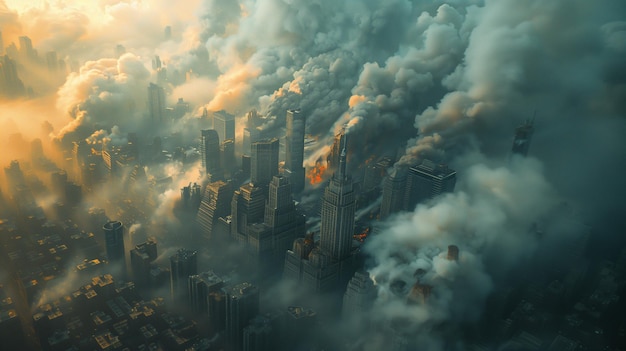 Foto un paisaje urbano místico una espectacular vista aérea en medio de las nubes