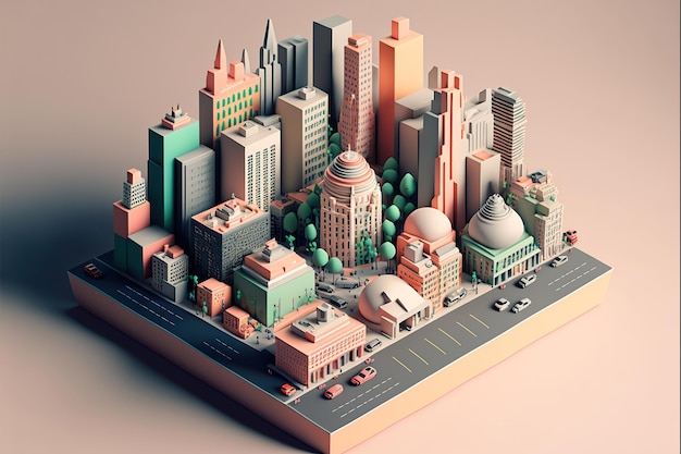Paisaje urbano moderno fondo blanco colorido Paisaje urbano 3D isométrico Ilustración generativa de IA