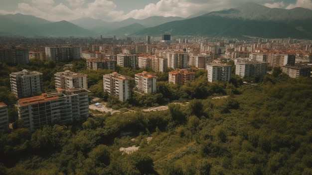 Un paisaje urbano con una montaña al fondo.