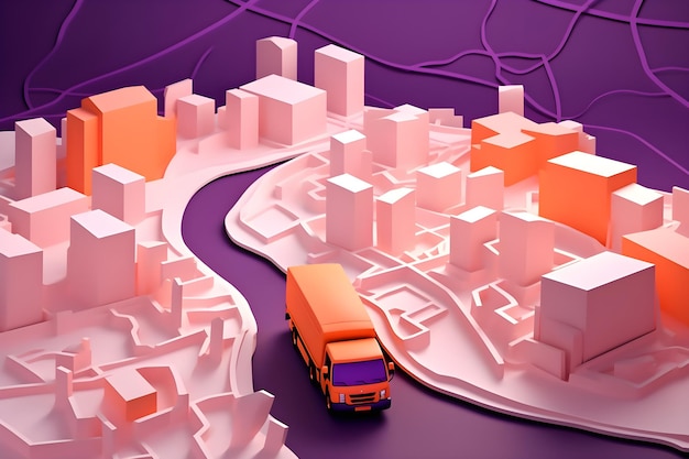 Un paisaje urbano morado y naranja con un camión que lo atraviesa.