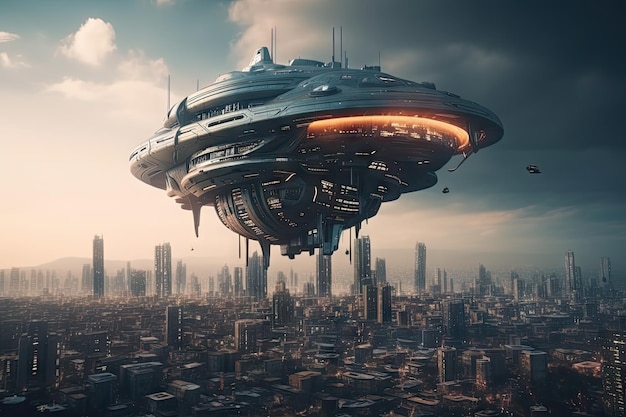 Paisaje urbano con nave espacial masiva flotando sobre listo para despegar creado con ai generativo