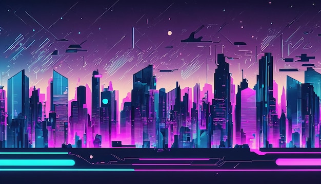 Un paisaje urbano de neón futurista con brillo de neón y tapiz de fondo de rascacielos