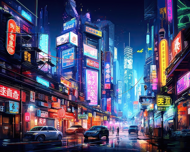 Paisaje urbano de neón futurista por la noche