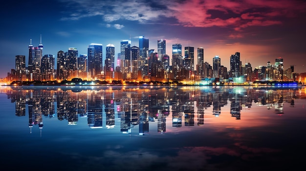 Paisaje urbano por la noche con luces de colores