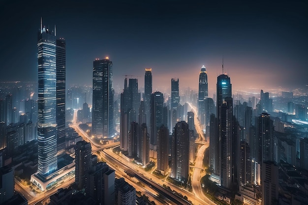 Paisaje urbano nocturno y edificios altos en el centro de la metrópolis