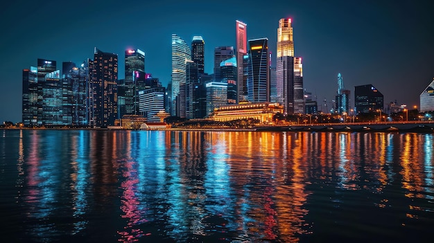 Paisaje urbano nocturno con edificios iluminados reflejados en aguas tranquilas