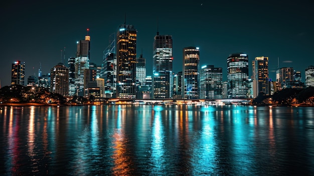 Paisaje urbano nocturno con edificios iluminados reflejados en aguas tranquilas