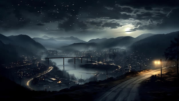 Paisaje urbano nocturno fotorrealista con carreteras de alta velocidad y farolas generadas por IA