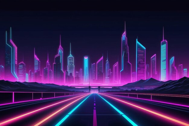 Paisaje urbano nocturno futurista en un fondo de horizonte de neón con luz de neón brillante Vista de perspectiva de la carretera Ilustración vectorial de estilo Cyberpunk y retro wave