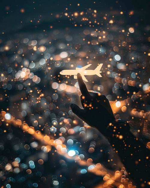 Un paisaje urbano nocturno con una mano con el dedo índice apuntando a un avión que representa flotando por encima de él