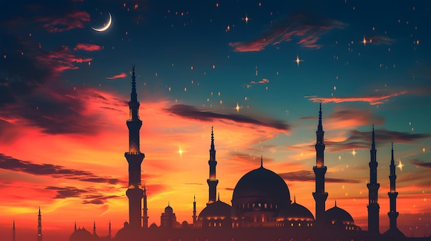 Paisaje urbano nocturno con mezquita rodeada de estrellas y luna