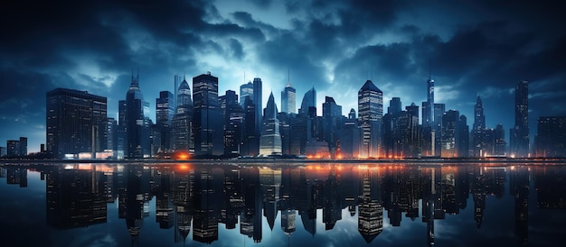 Paisaje urbano nocturno con rascacielos iluminados y reflejo en el suelo
