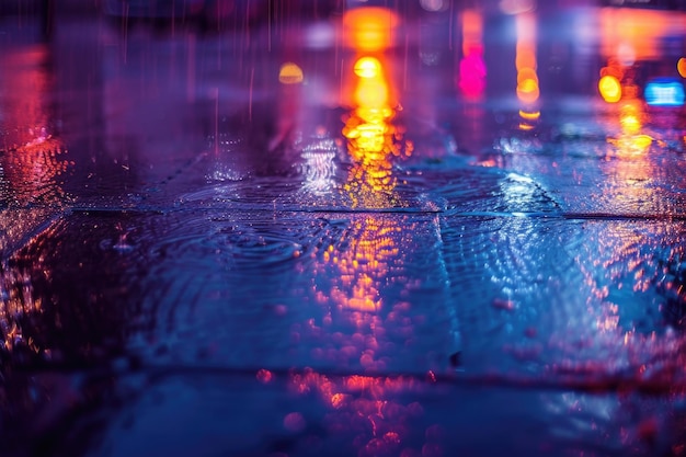 Paisaje urbano nocturno con reflejos de neón en asfalto húmedo y fondos abstractos oscuros