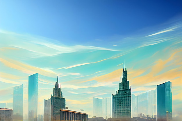 Paisaje urbano occidental contemporáneo abstracto en la mañana soleada con arte generado por la red neuronal de rascacielos modernos