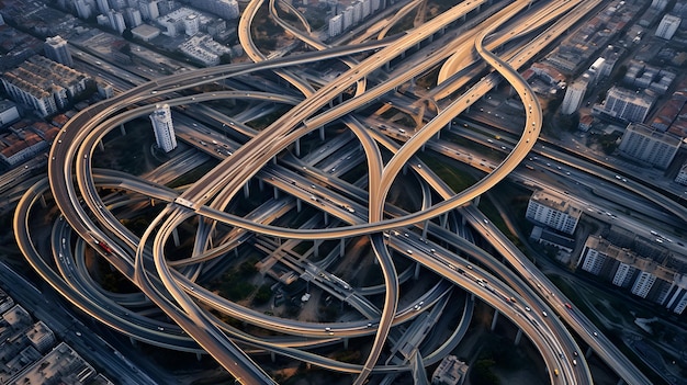 Paisaje urbano ocupado con autopistas que se cruzan y múltiples carreteras en vista aérea IA generativa