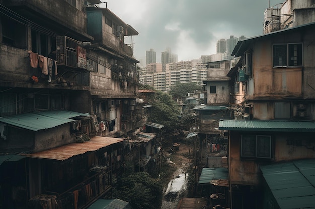 Un paisaje urbano oscuro con un edificio al fondo y un edificio con un gran edificio al fondo.