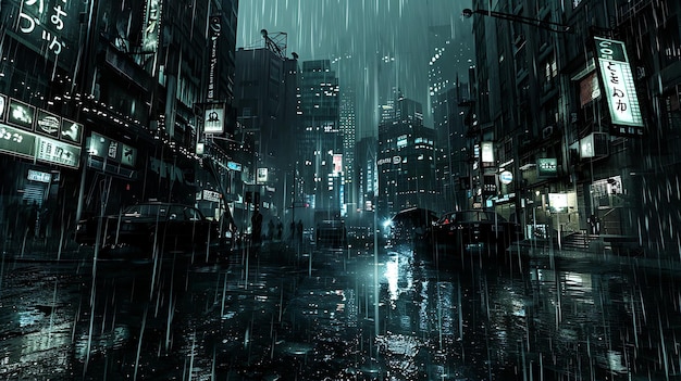 Un paisaje urbano oscuro y lluvioso La calle está húmeda y refleja las luces de la ciudad