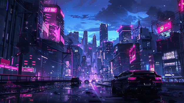 Un paisaje urbano oscuro y lluvioso con un toque futurista