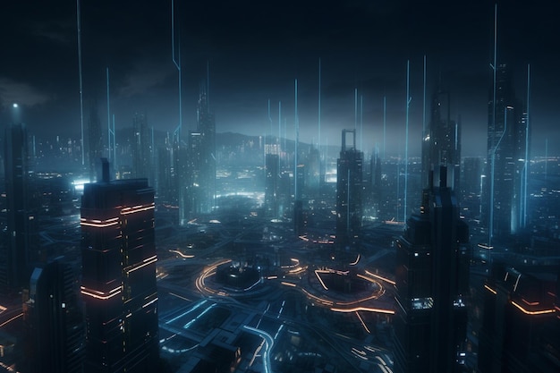 Un paisaje urbano oscuro con una luz de neón que dice "cyberpunk"