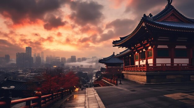 un paisaje urbano con una pagoda en la cima.