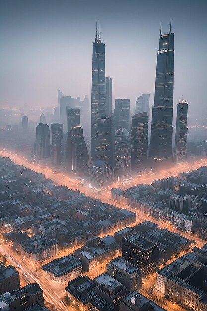 Un paisaje urbano con un paisaje urbano nebuloso en el fondo