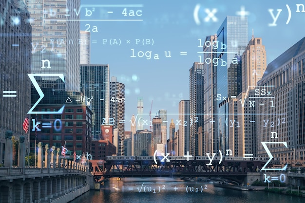 Paisaje urbano panorámico del centro de Chicago y el paseo marítimo Riverwalk con puentes al atardecer Illinois EE.UU. Concepto de educación Investigación académica holograma de universidades de primer nivel