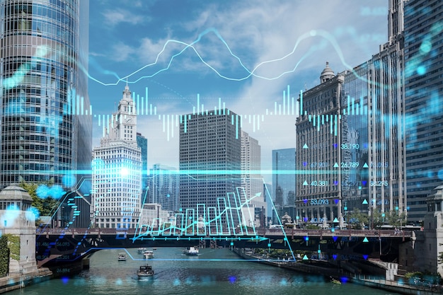 Paisaje urbano panorámico del centro de Chicago y el paseo marítimo de Riverwalk con puentes durante el día Illinois EE.UU. Holograma gráfico Forex El concepto de corretaje comercial en Internet y análisis fundamental