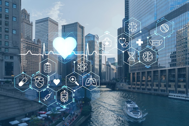 Paisaje urbano panorámico del centro de Chicago y el paseo marítimo Riverwalk con puentes durante el día Illinois EE.UU. Holograma de medicina digital de atención médica El concepto de tratamiento y prevención de enfermedades