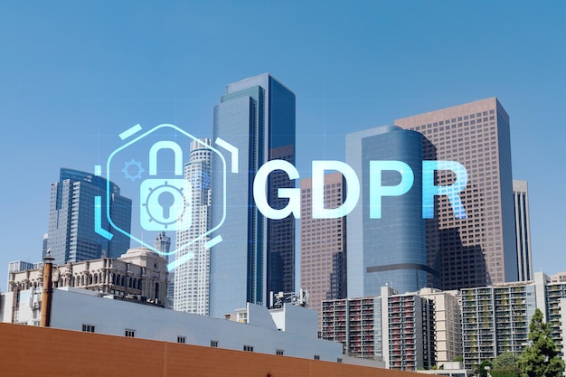 Paisaje urbano panorámico del centro de Los Ángeles en verano California EE.UU. Rascacielos de la ciudad de Los Ángeles Concepto de holograma GDPR de regulación de protección de datos y privacidad para todas las personas en el área de la UE