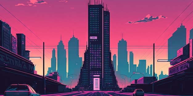 Paisaje urbano panorámico en estilo futurista cyberpunk Rascacielos en colores neón retrowave IA generativa