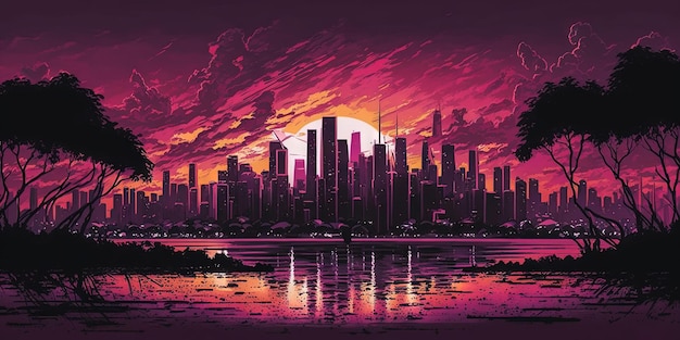 Paisaje urbano panorámico en estilo futurista cyberpunk Rascacielos en colores neón retrowave IA generativa