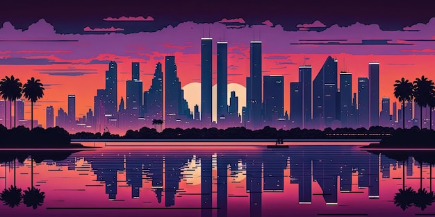 Paisaje urbano panorámico en estilo futurista cyberpunk Rascacielos en colores neón retrowave IA generativa