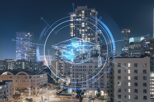 Paisaje urbano panorámico iluminado del centro de Los Ángeles por la noche California EE.UU. Rascacielos del centro de la ciudad de Los Ángeles Concepto tecnológico y educativo Investigación académica universidades de primer nivel